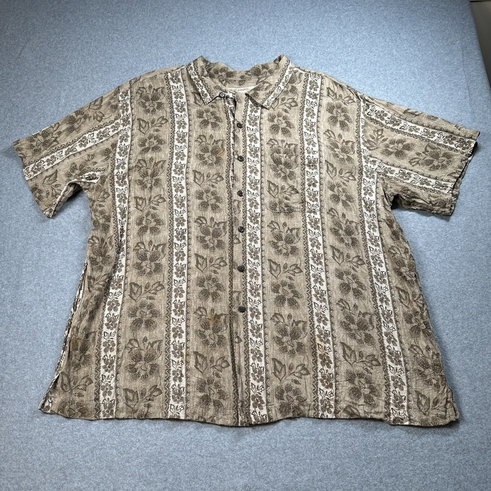 Island Passport Hawaiian Camp Shirt 2XL Brown Floral Rayon Aloha Button Up